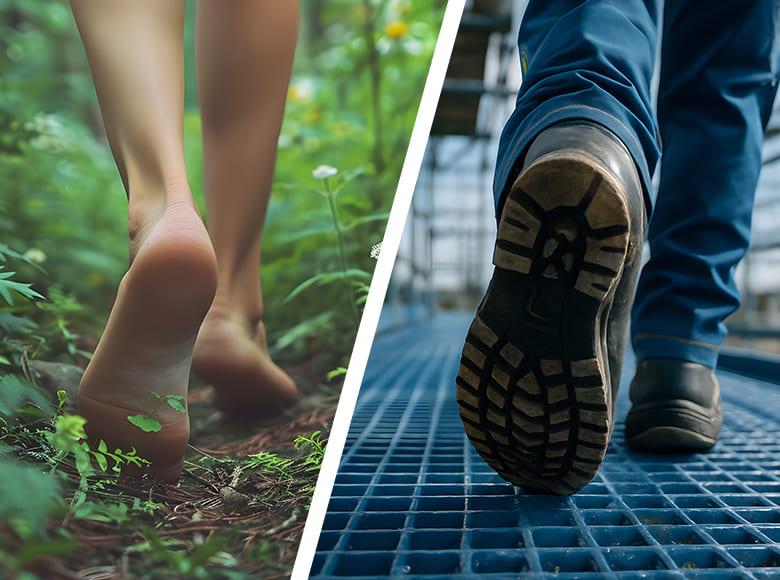 Rozdiel medzi chôdzou naboso v lese a chôdzou v topánkach na tvrdom povrchu